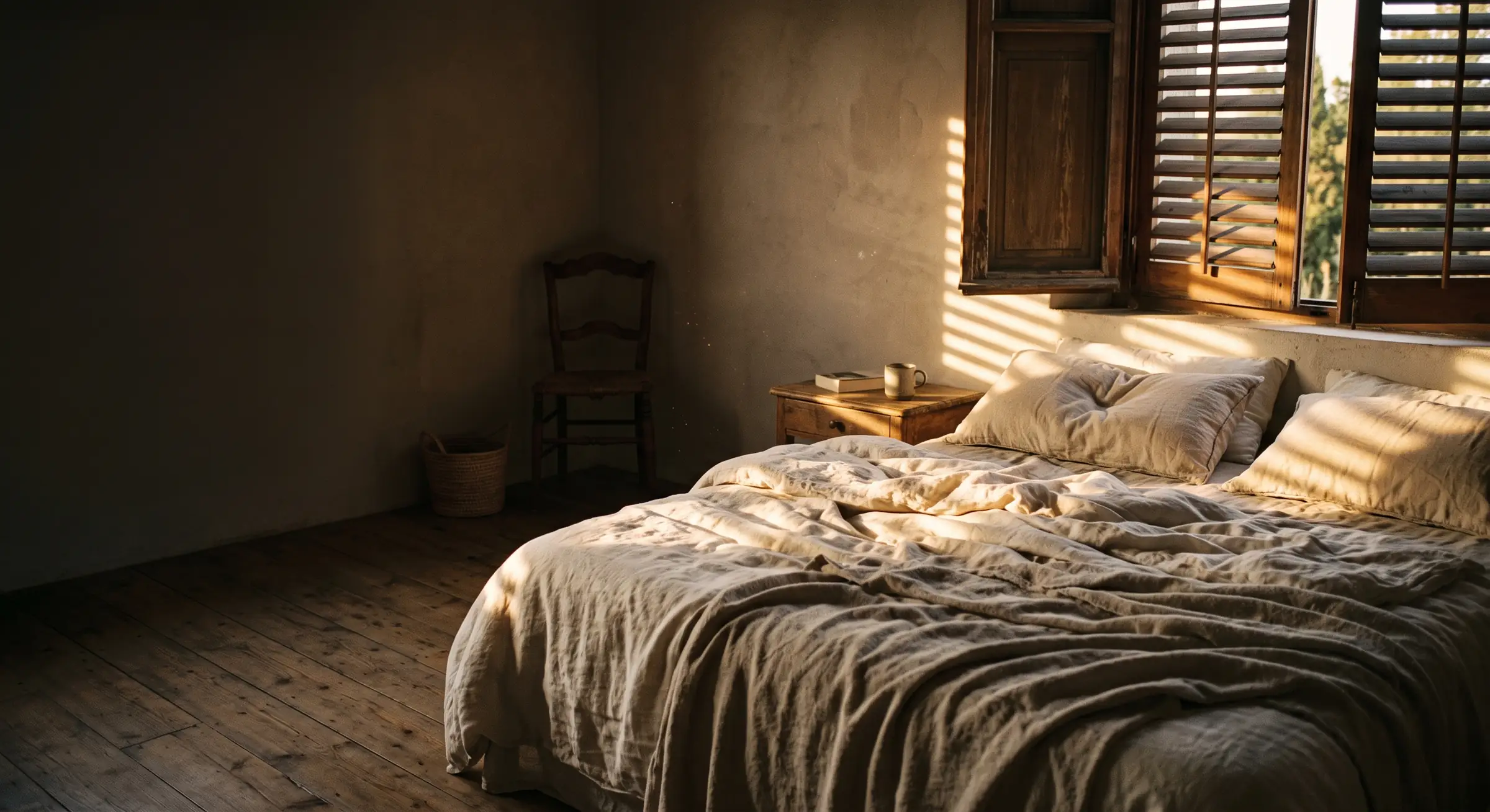 Chambre baignée de lumière d'après-midi, volets mi-clos et draps de lin froissés