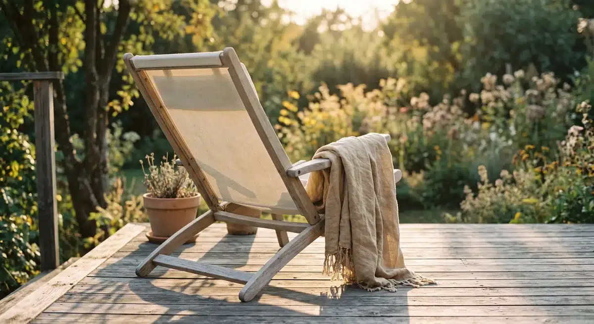 Chilienne en toile sur une terrasse en bois face à un jardin